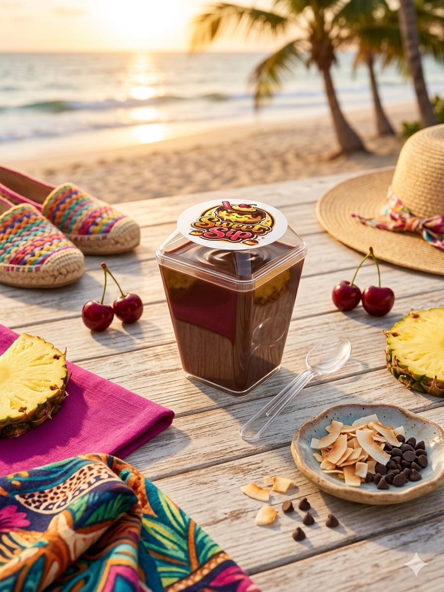 SweetSip chocolate cup on a beach table at sunset